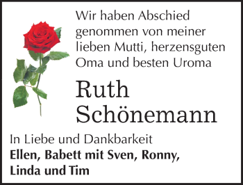 Traueranzeige von Ruth Schönemann von Mitteldeutsche Zeitung Sangerhausen