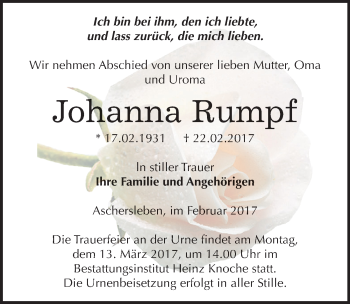 Traueranzeige von Johanna Rumpf von Mitteldeutsche Zeitung Aschersleben