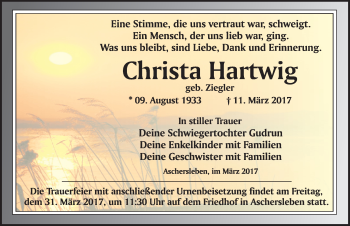 Traueranzeige von Christa Hartwig von Mitteldeutsche Zeitung Aschersleben