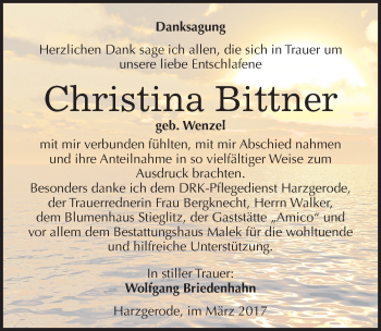 Traueranzeige von Christina Bittner von Mitteldeutsche Zeitung Quedlinburg