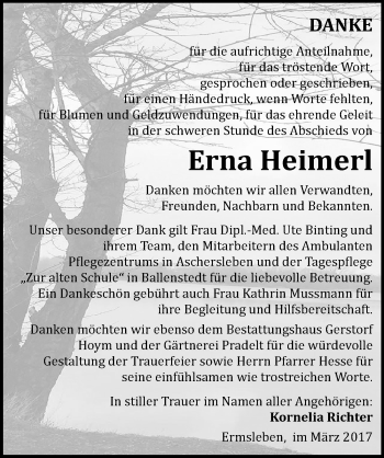 Traueranzeige von Erna Heimerl von Mitteldeutsche Zeitung Quedlinburg