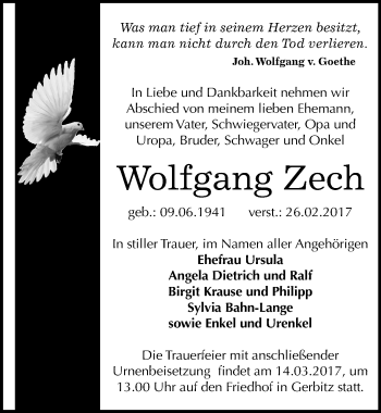 Traueranzeige von Wolfgang Zech von Mitteldeutsche Zeitung Bernburg