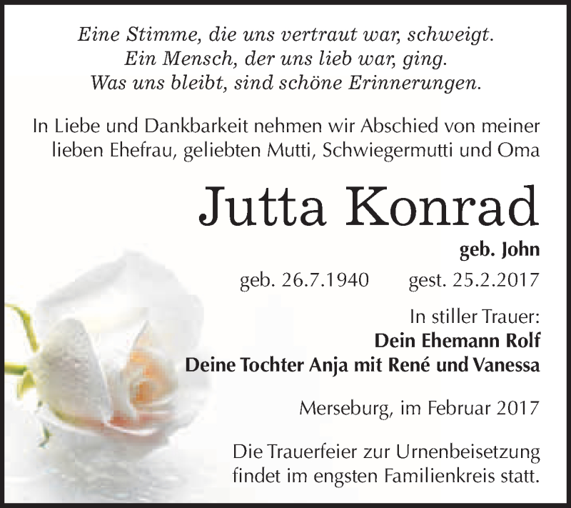 Traueranzeige für Jutta Konrad vom 04.03.2017 aus Super Sonntag Halle