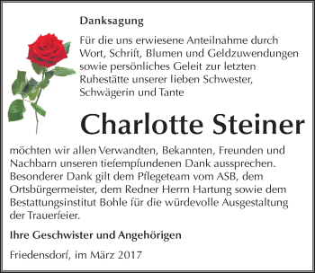 Traueranzeige von Charlotte Steiner von Mitteldeutsche Zeitung Merseburg/Querfurt