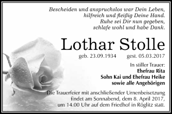 Traueranzeige von Lothar Stolle von Super Sonntag Halle