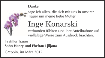 Traueranzeige von Inge Konarski von WVG - Wochenspiegel Bitterfeld