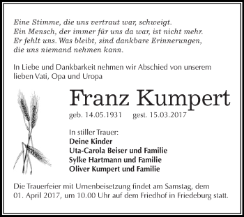 Traueranzeige von Franz Kumpert von Super Sonntag SGH Mansf. Land