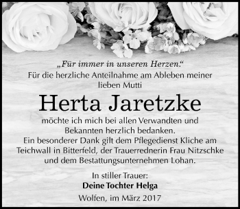 Traueranzeige von Herta Jaretzke von Mitteldeutsche Zeitung Bitterfeld