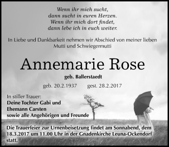 Traueranzeige von Annemarie Rose von Mitteldeutsche Zeitung Merseburg/Querfurt