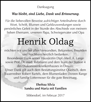 Traueranzeige von Henrik Oldag von WVG - Wochenspiegel Dessau / Köthen