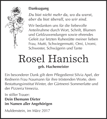 Traueranzeige von Rosel Hanisch von WVG - Wochenspiegel Bitterfeld