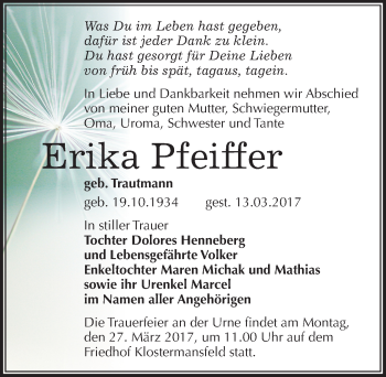 Traueranzeige von Erika Pfeiffer von Mitteldeutsche Zeitung Mansfelder Land