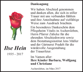 Traueranzeige von Ilse Hein von Mitteldeutsche Zeitung Aschersleben