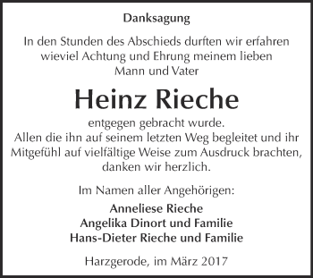 Traueranzeige von Heinz Rieche von Super Sonntag Quedlinburg