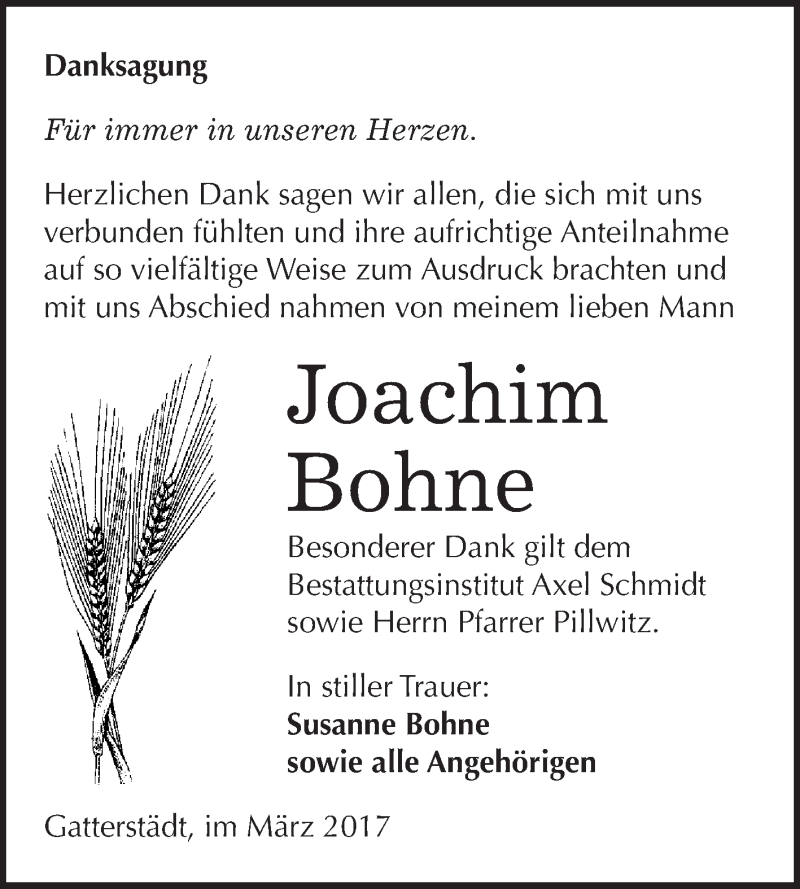  Traueranzeige für Joachim Bohne vom 15.03.2017 aus Super Sonntag Halle