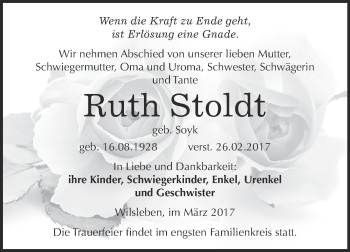 Traueranzeige von Ruth Stoldt von Super Sonntag SGH Mansf. Land
