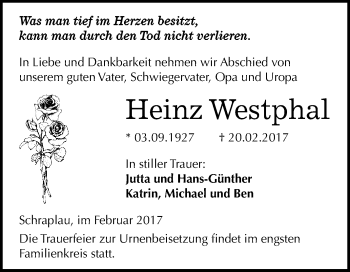 Traueranzeige von Heinz Westphal von Super Sonntag Halle