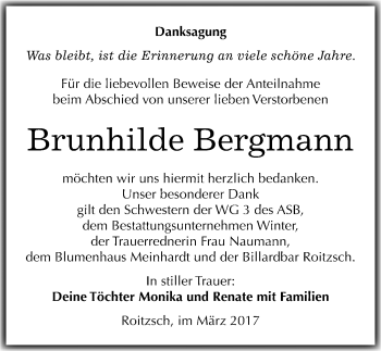 Traueranzeige von Brunhilde Bergmann von Mitteldeutsche Zeitung Bitterfeld