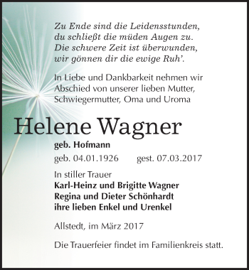 Traueranzeige von Helene Wagner von Mitteldeutsche Zeitung Sangerhausen