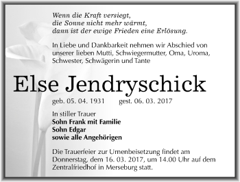 Traueranzeige von Else Jendryschick von Mitteldeutsche Zeitung Merseburg/Querfurt