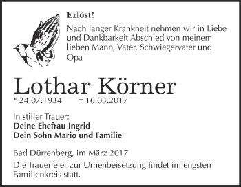 Traueranzeige von Lothar Körner von Super Sonntag Halle