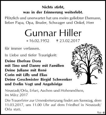 Traueranzeige von Gunnar Hiller von Mitteldeutsche Zeitung Weißenfels