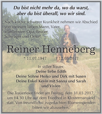 Traueranzeige von Reiner Henneberg von Super Sonntag SGH Mansf. Land