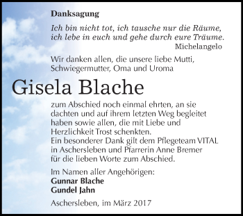Traueranzeige von Gisela Blache von Super Sonntag SGH Mansf. Land