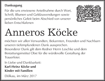 Traueranzeige von Anneros Köcke von Super Sonntag Halle