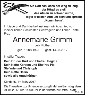 Traueranzeige von Annemarie Grimm von Super Sonntag Zeitz
