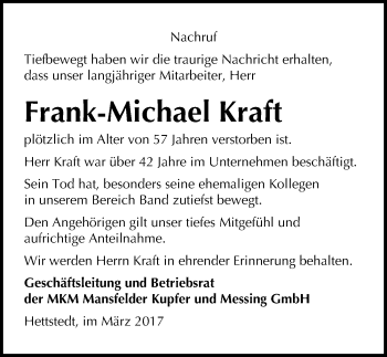 Traueranzeige von Frank-Michael Kraft von Mitteldeutsche Zeitung Mansfelder Land