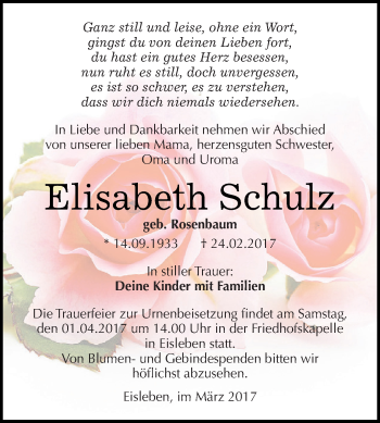 Traueranzeige von Elisabeth Schulz von Super Sonntag SGH Mansf. Land