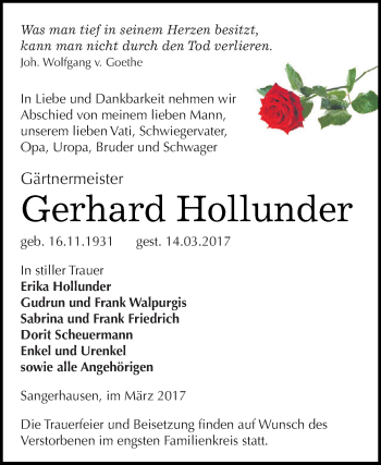 Traueranzeige von Gerhard Hollunder von Super Sonntag SGH Mansf. Land