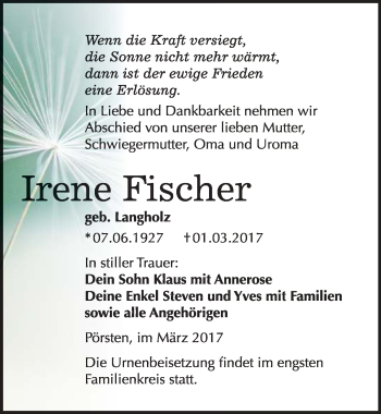Traueranzeige von Irene Fischer von Mitteldeutsche Zeitung Weißenfels