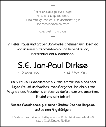 Traueranzeige von Jan-Paul Dirkse von Mitteldeutsche Zeitung Dessau-Roßlau