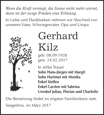 Traueranzeige von Gerhard Kilz von Super Sonntag Wittenberg