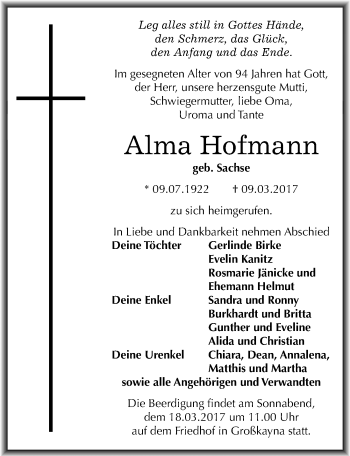 Traueranzeige von Alma Hofmann von Mitteldeutsche Zeitung Merseburg/Querfurt
