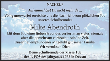 Traueranzeige von Mike Abendroth von WVG - Wochenspiegel Dessau / Köthen