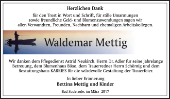 Traueranzeige von Waldemar Mettig von Super Sonntag Quedlinburg
