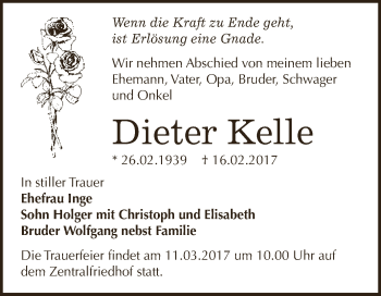 Traueranzeige von Dieter Kelle von WVG - Wochenspiegel Dessau / Köthen