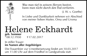 Traueranzeige von Helene Eckhardt von Mitteldeutsche Zeitung Merseburg/Querfurt