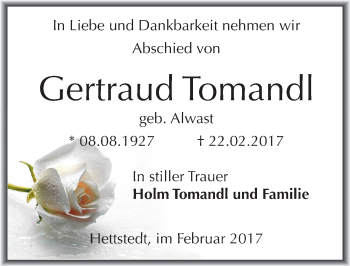 Traueranzeige von Gertraud Tomandl von Mitteldeutsche Zeitung Mansfelder Land