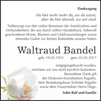 Traueranzeige von Waltraud Bandel von WVG - Wochenspiegel Bitterfeld