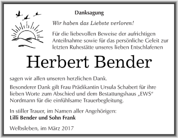 Traueranzeige von Herbert Bender von Super Sonntag SGH Mansf. Land