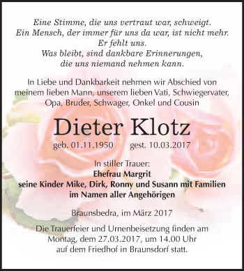 Traueranzeige von Dieter Klotz von Super Sonntag Halle