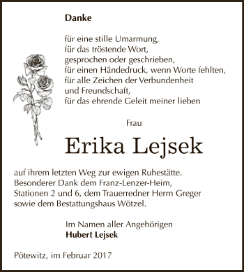 Traueranzeige von Erika Lejsek von Super Sonntag Zeitz