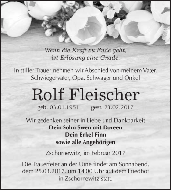 Traueranzeige von Rolf Fleischer von Super Sonntag Wittenberg