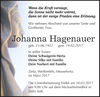 Traueranzeige von Johanna Hagenauer von Mitteldeutsche Zeitung Zeitz