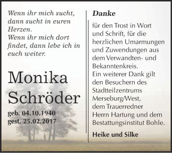 Traueranzeige von Monika Schröder von Super Sonntag Halle