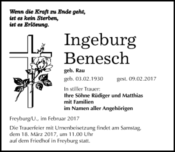 Traueranzeige von Ingeburg Benesch von Mitteldeutsche Zeitung Merseburg/Querfurt